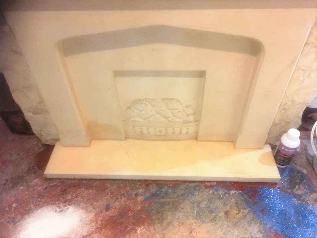 Floor Damaged Limestone Fireplace Hearth After Cleaning