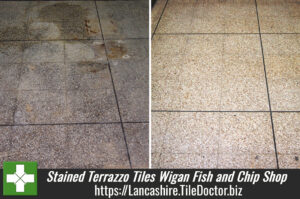 Stained Terrazzo Tiles Cleaned at a Wigan Fish and Chip Shop