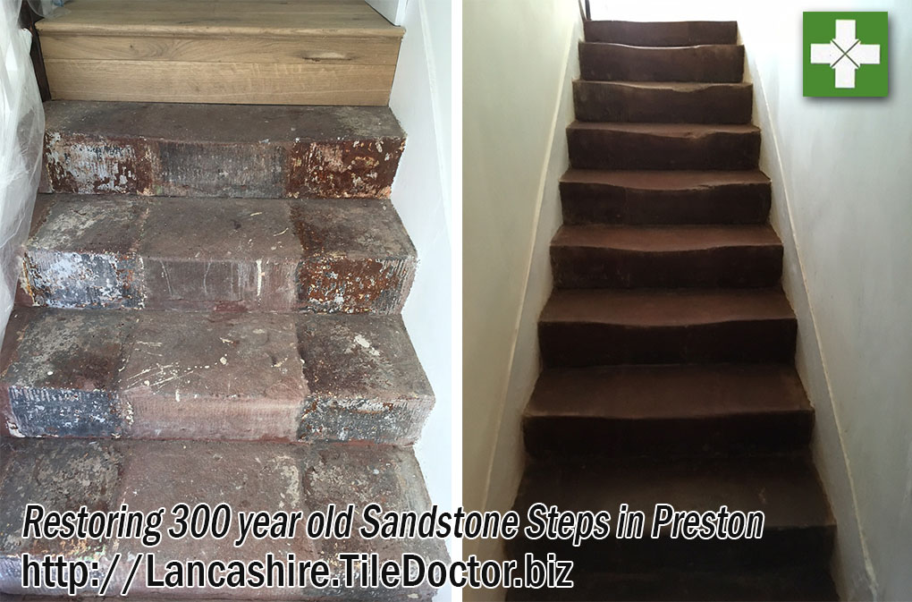 Red jurassic sandstone steps before and after restoration in Preston