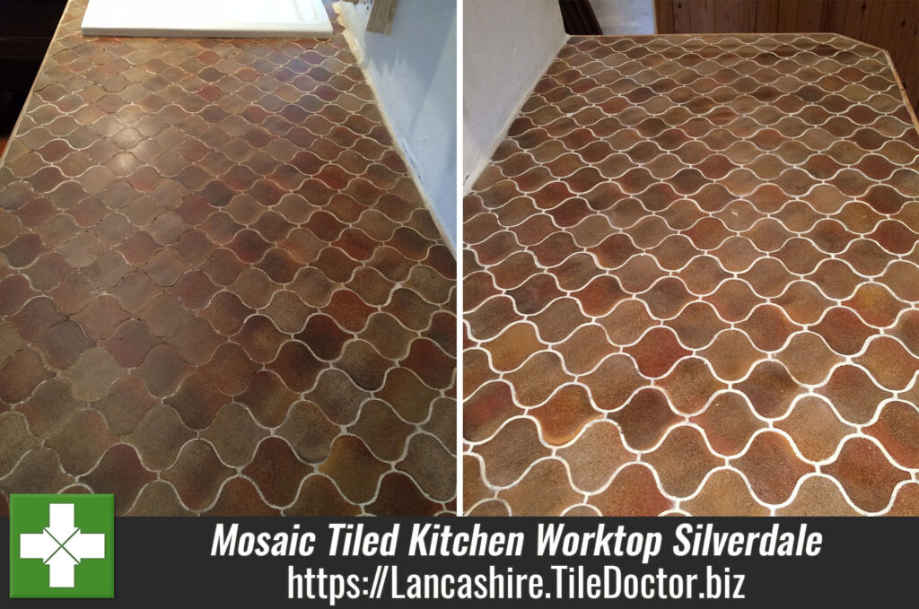 Grout Colouring and Cleaning of a Mosaic Tiled Kitchen Worktop in Silverdale