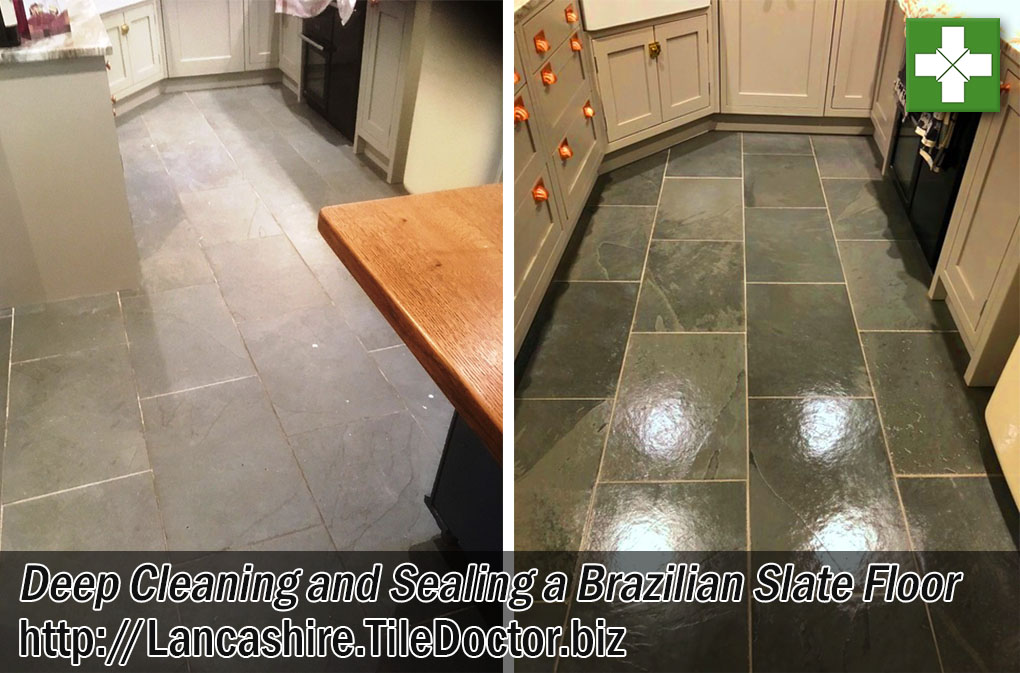 Brazilian Slate Tiled Kitchen Floor Before and After Restoration Hornby