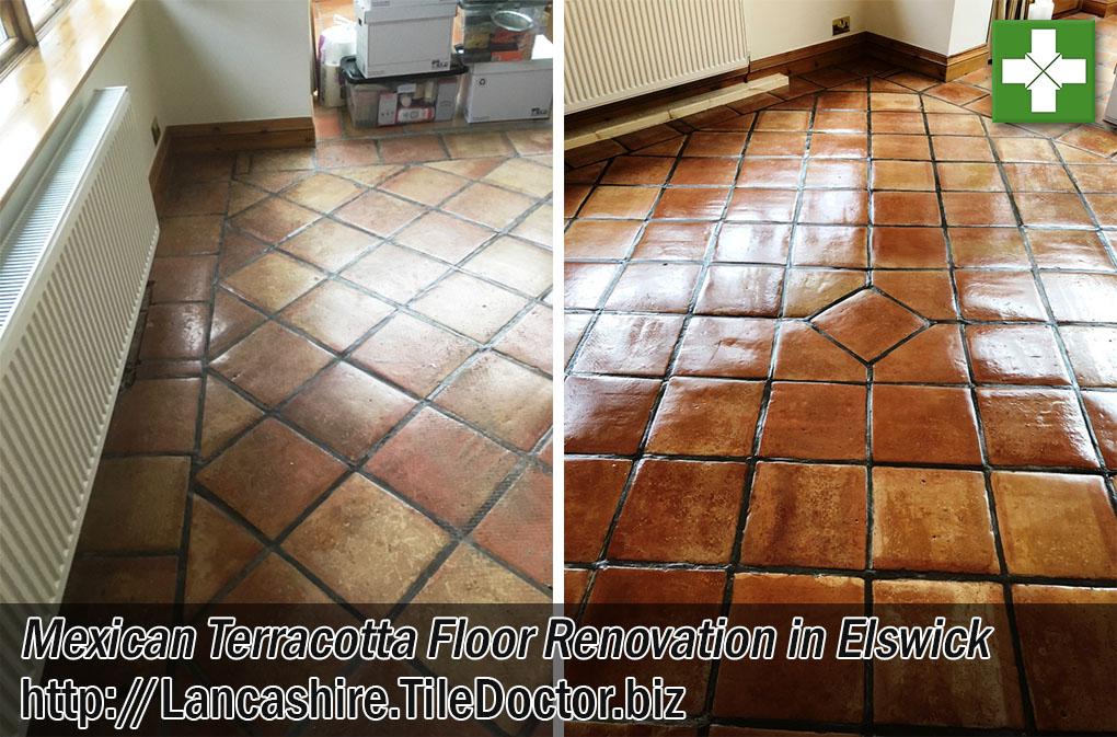 Mexican Terracotta Tiled Floor Before and After Deep Cleaning Elswick Preston